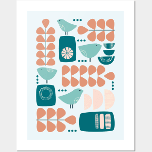 Retro Mid Century Modern Bird and Leaves in teal, light blue, peach and dark salmon Posters and Art